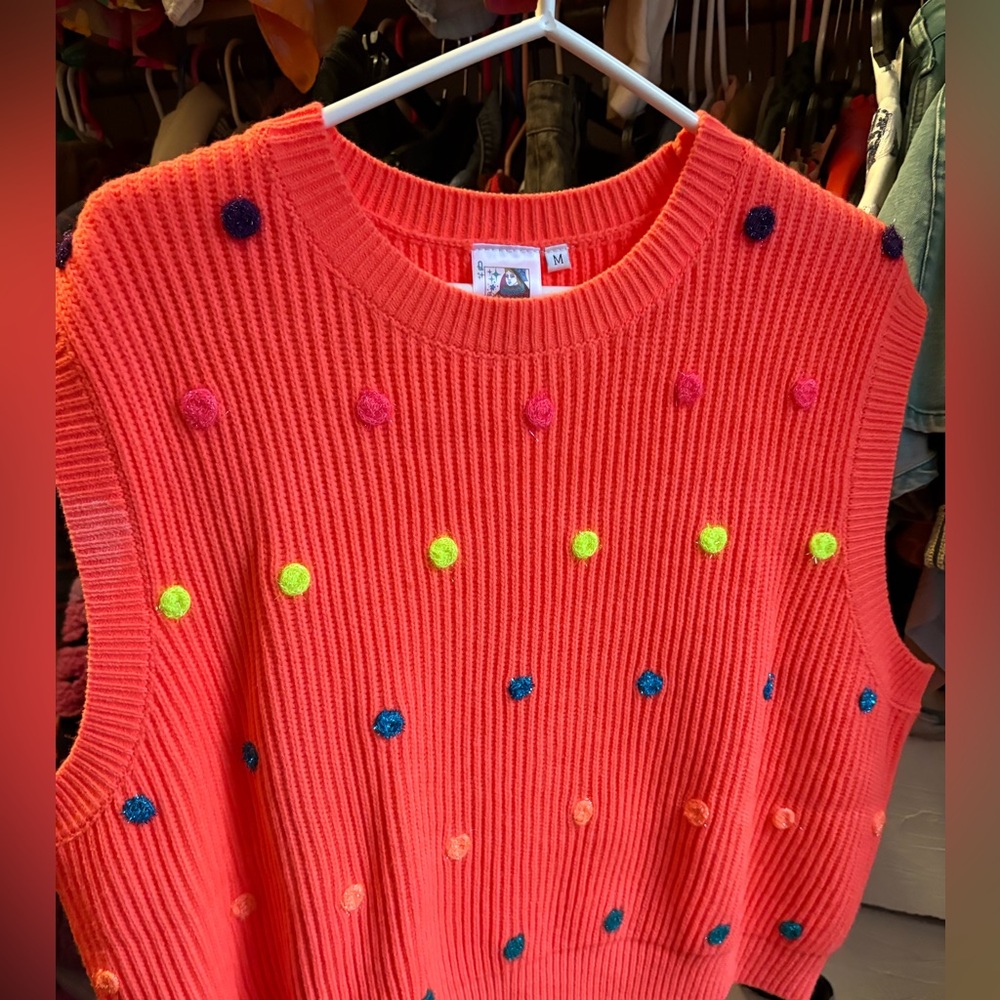 Queen of Sparkles Neon Orange Polka Dot Sweater Vest - Picture 2 of 4